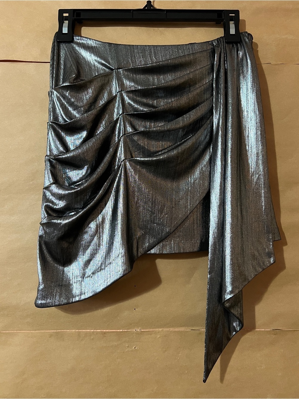 Retrofete | Luna Skirt in Gunmetal Metallic Mini Skirt Gathered Drape Size XS
